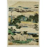 Hiroshige, Utagawa (1797-1858)Zwei Farbholzschnitte: Flussufer und wolkenverhangenes Dorf. Alters-