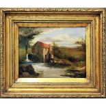 Unbekannter Maler (19. Jh.)Wassermühle an einem Flusslauf. Öl/Lwd. 23x 30,5 cm. Goldstuckrahmen.