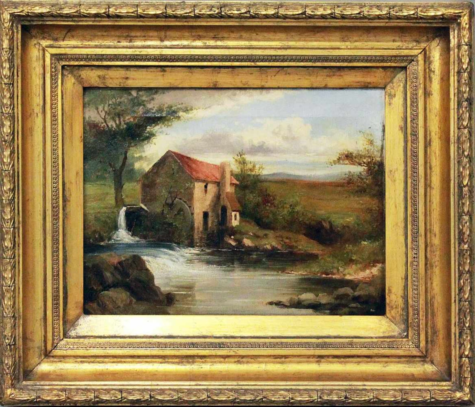 Unbekannter Maler (19. Jh.)Wassermühle an einem Flusslauf. Öl/Lwd. 23x 30,5 cm. Goldstuckrahmen.