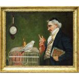 Unbekannter Maler (um 1900)Vor seinem Papagei an Käfig stehender Mann. Öl/Lwd. (Retuschen). 46x 60
