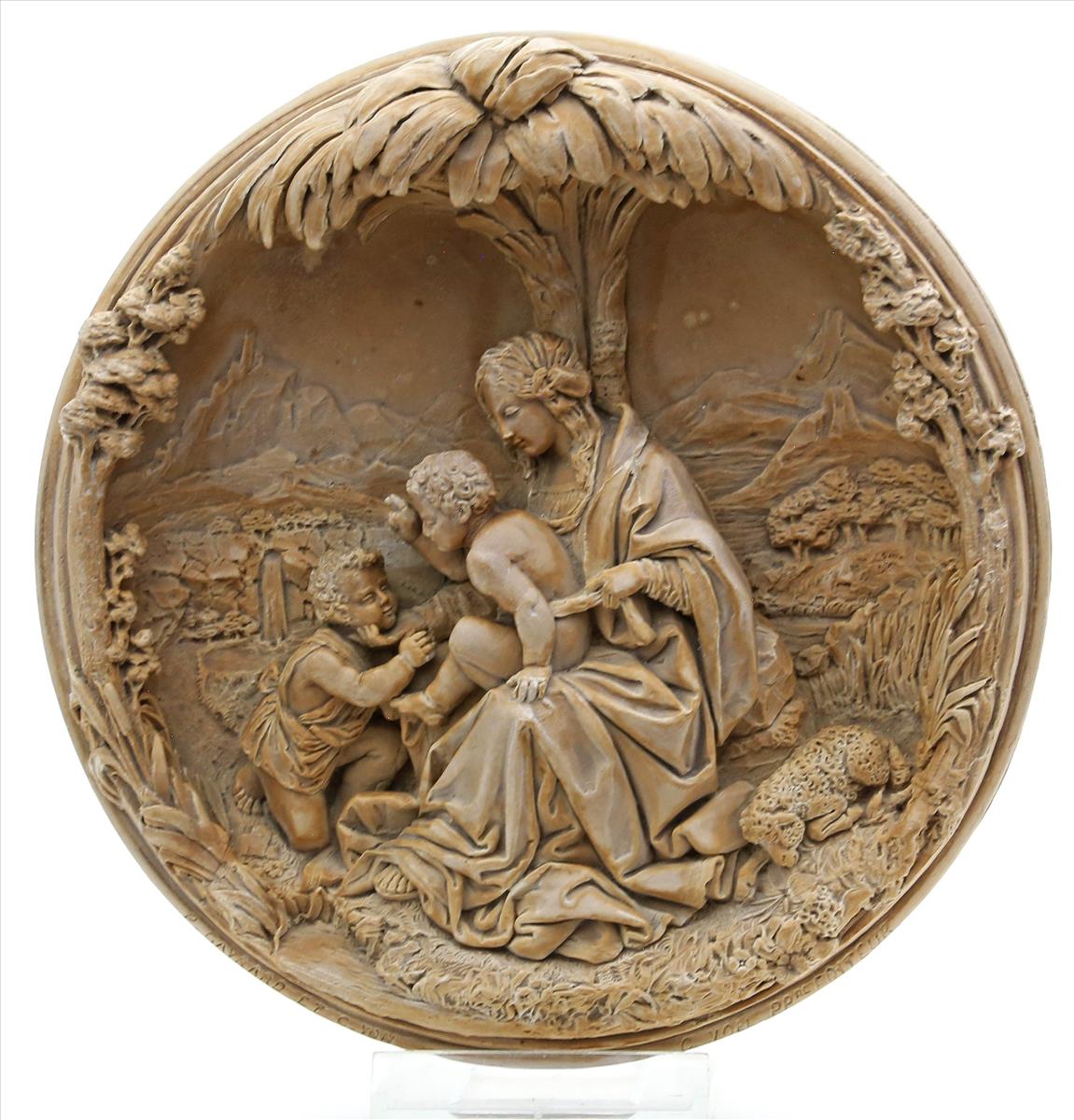 Stuckrelief.Halbplastische Mariendarstellung unter Palme. Um 1900. D. ca. 18 cm.