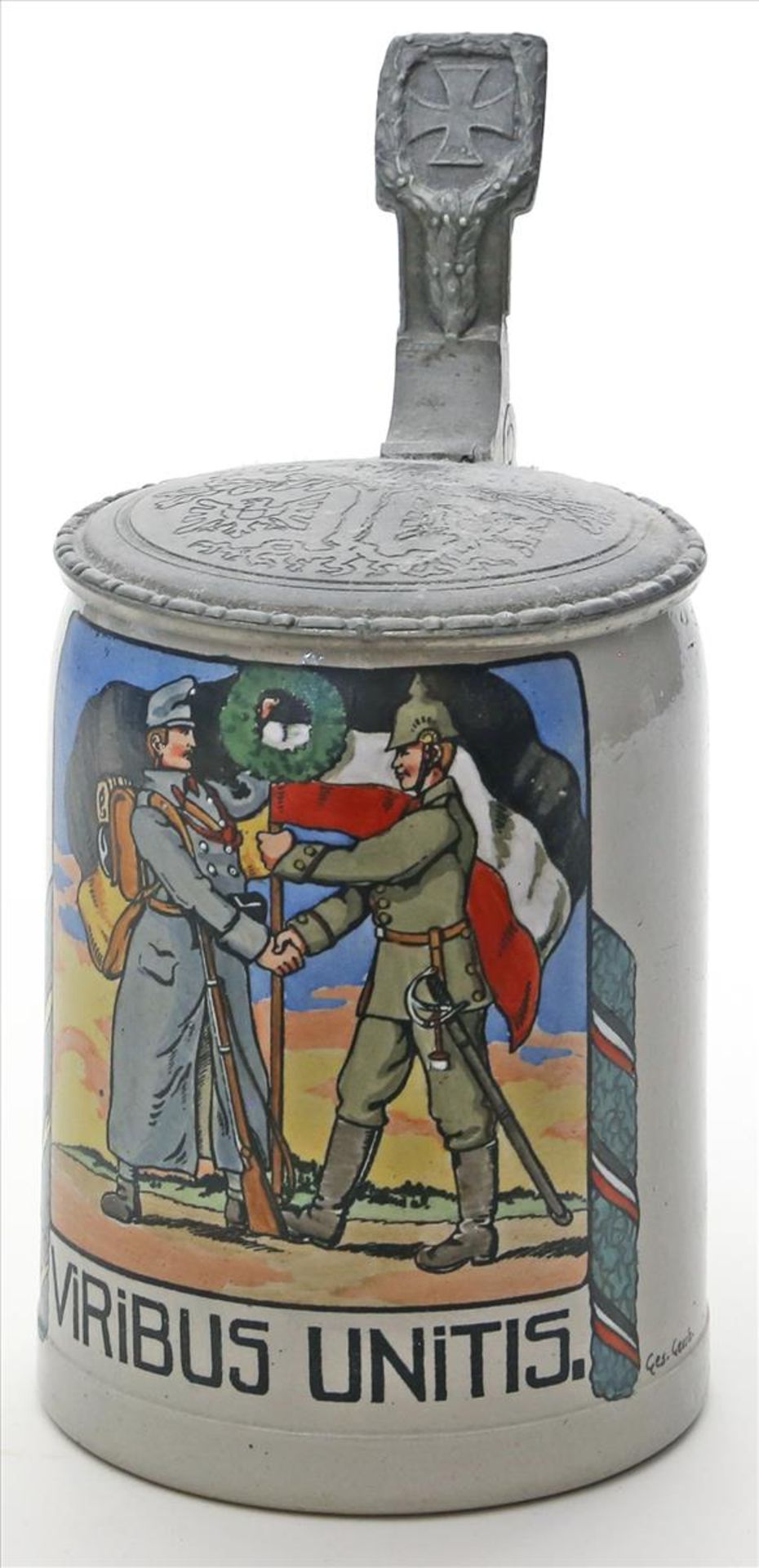 Patriotistischer Bierkrug, 1. WK.Steinzeug. Schauseitig mit farbiger Darstellung von 2 Soldaten "