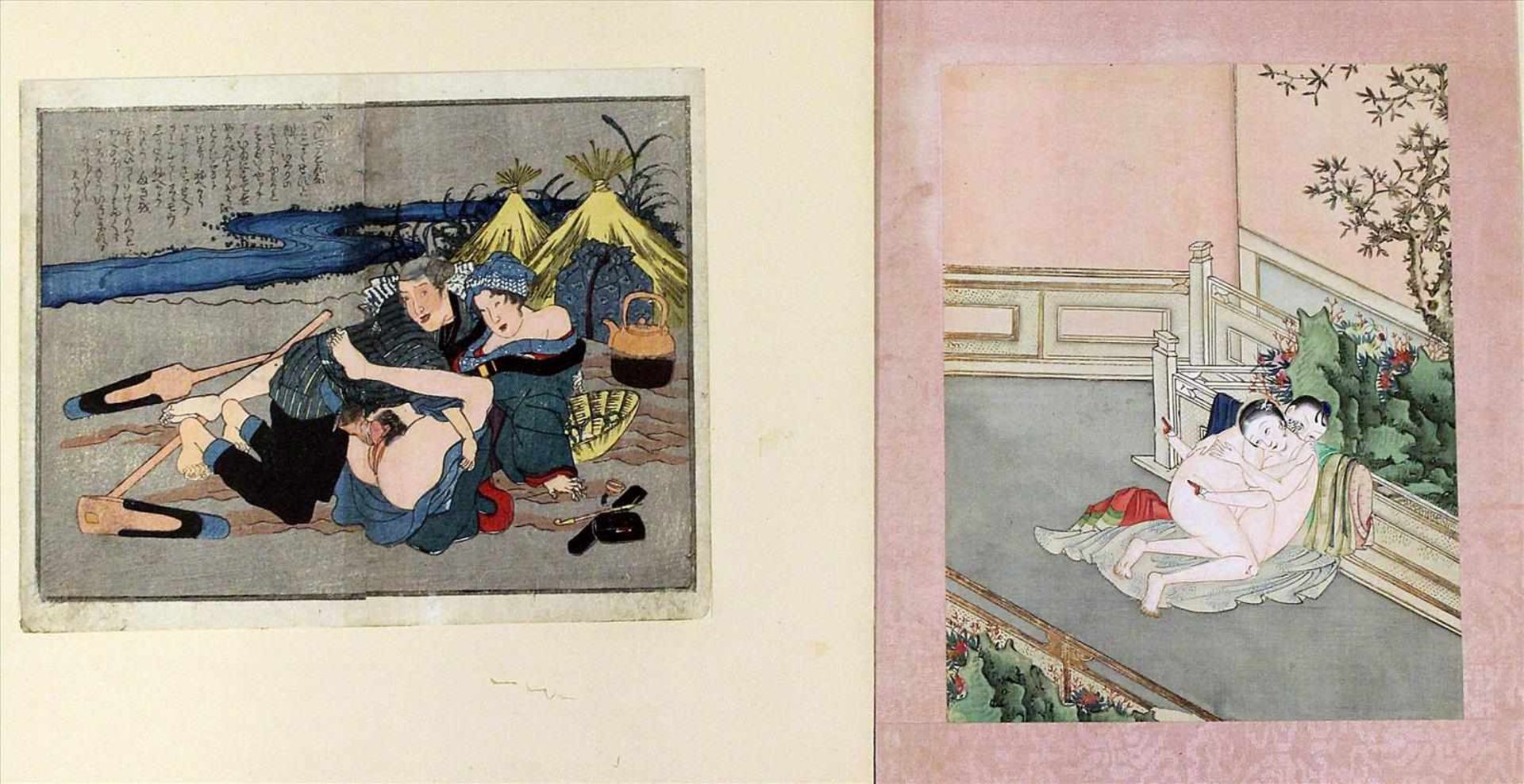 Shunga (Japan, um 1900)Liebespaar. Farbholzschnitt (Alters- und Gebrauchsspuren), 17x 21 cm.
