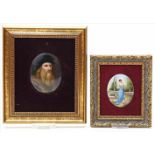 2 Porzellanbildplatten:Bunte Darstellungen eines Mädchens in Park (min. Farbverluste) bzw. von