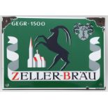 Emailleschild "ZELLER-BRÄU gegr. 1500".Best. Bez. Austria email. D. 28x 40 cm,