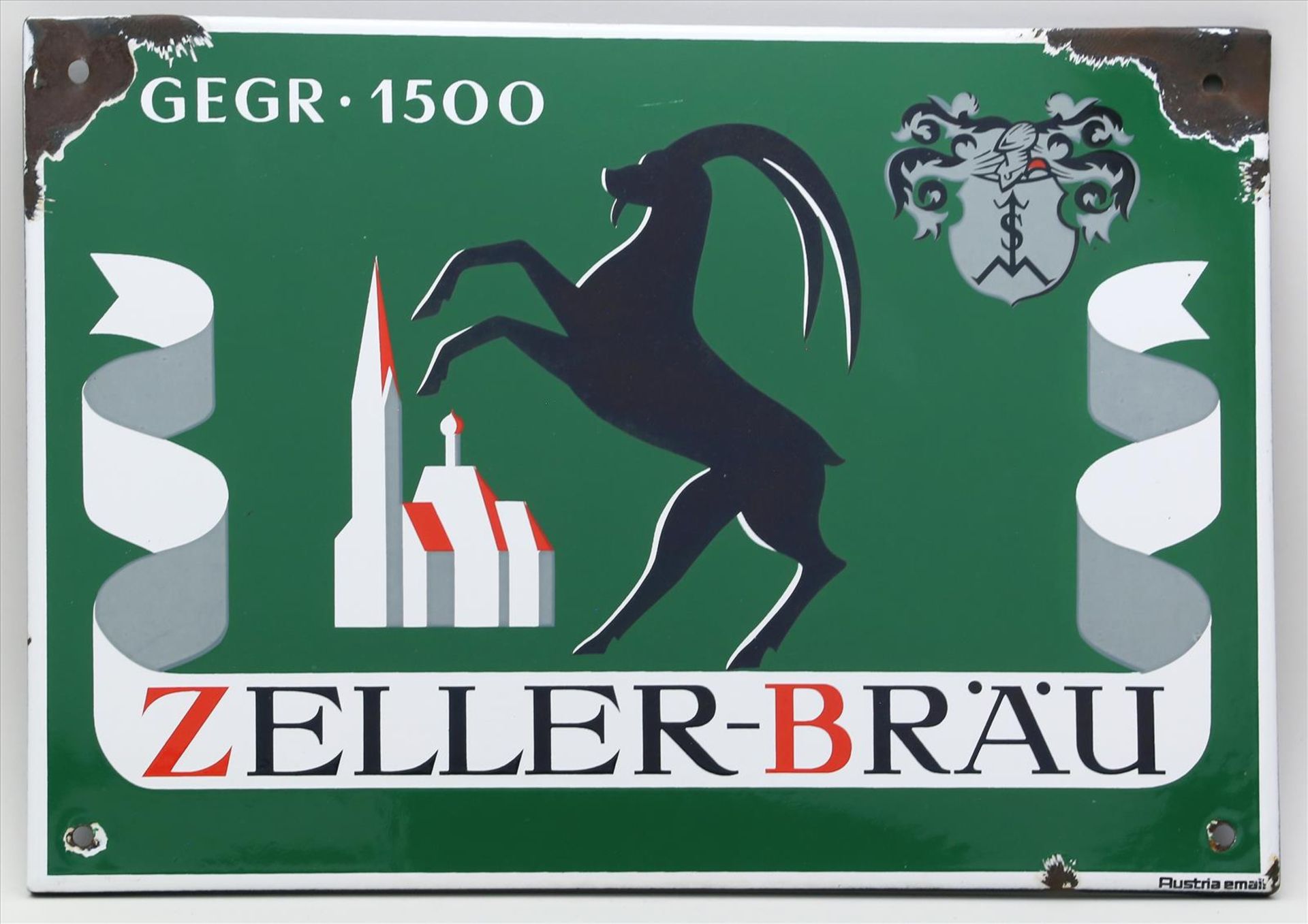 Emailleschild "ZELLER-BRÄU gegr. 1500".Best. Bez. Austria email. D. 28x 40 cm,