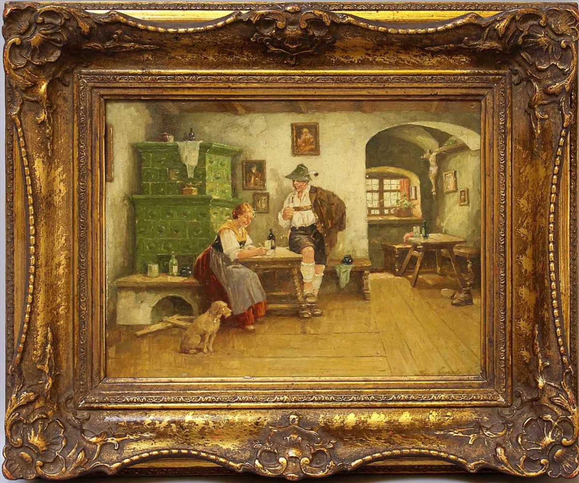 Unbekannter Maler (19./20. Jh.)In der Bauernstube sitzendes Paar mit Hund. Öl/Holztafel, re. u.