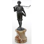 Skulptur "Stehender Fischer mit Angel".Bronze mit brauner Patina. Altersspuren, Angelschnur wohl