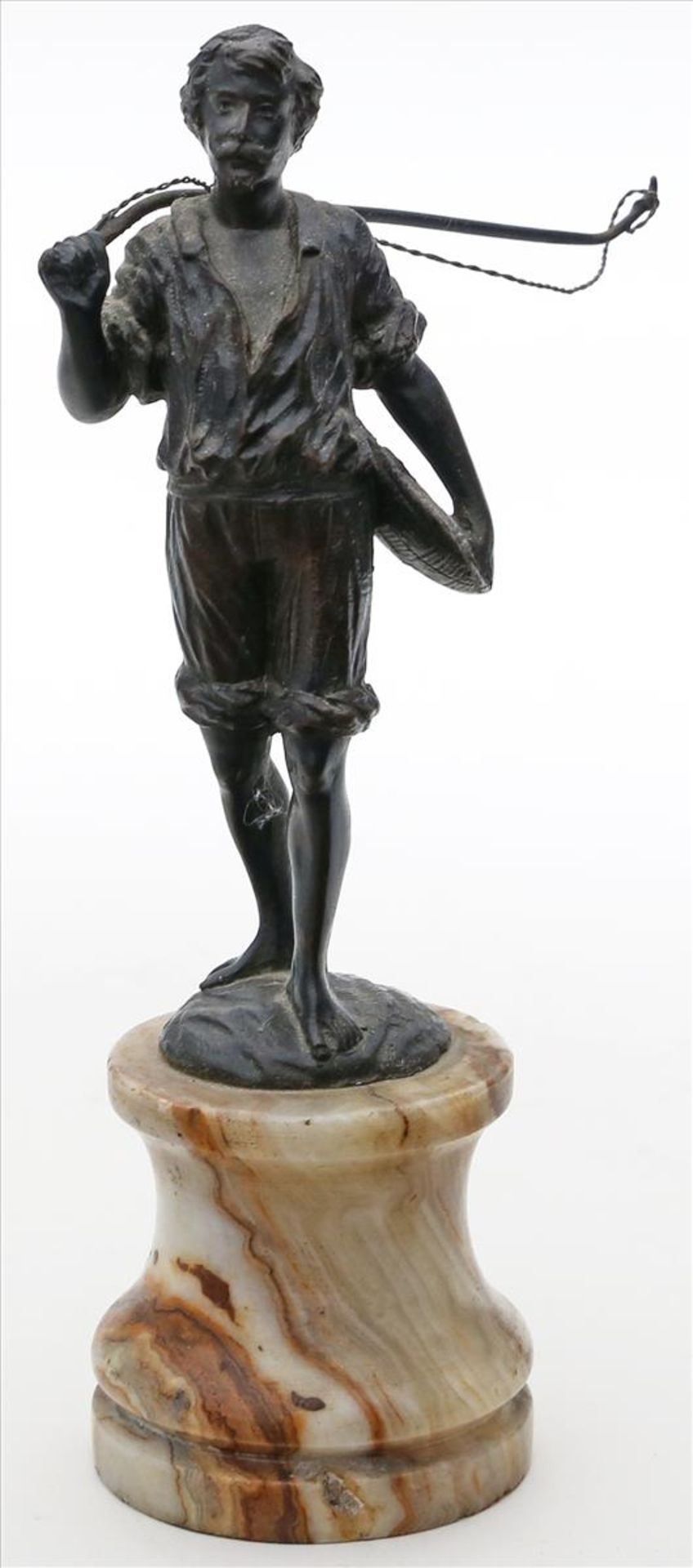 Skulptur "Stehender Fischer mit Angel".Bronze mit brauner Patina. Altersspuren, Angelschnur wohl