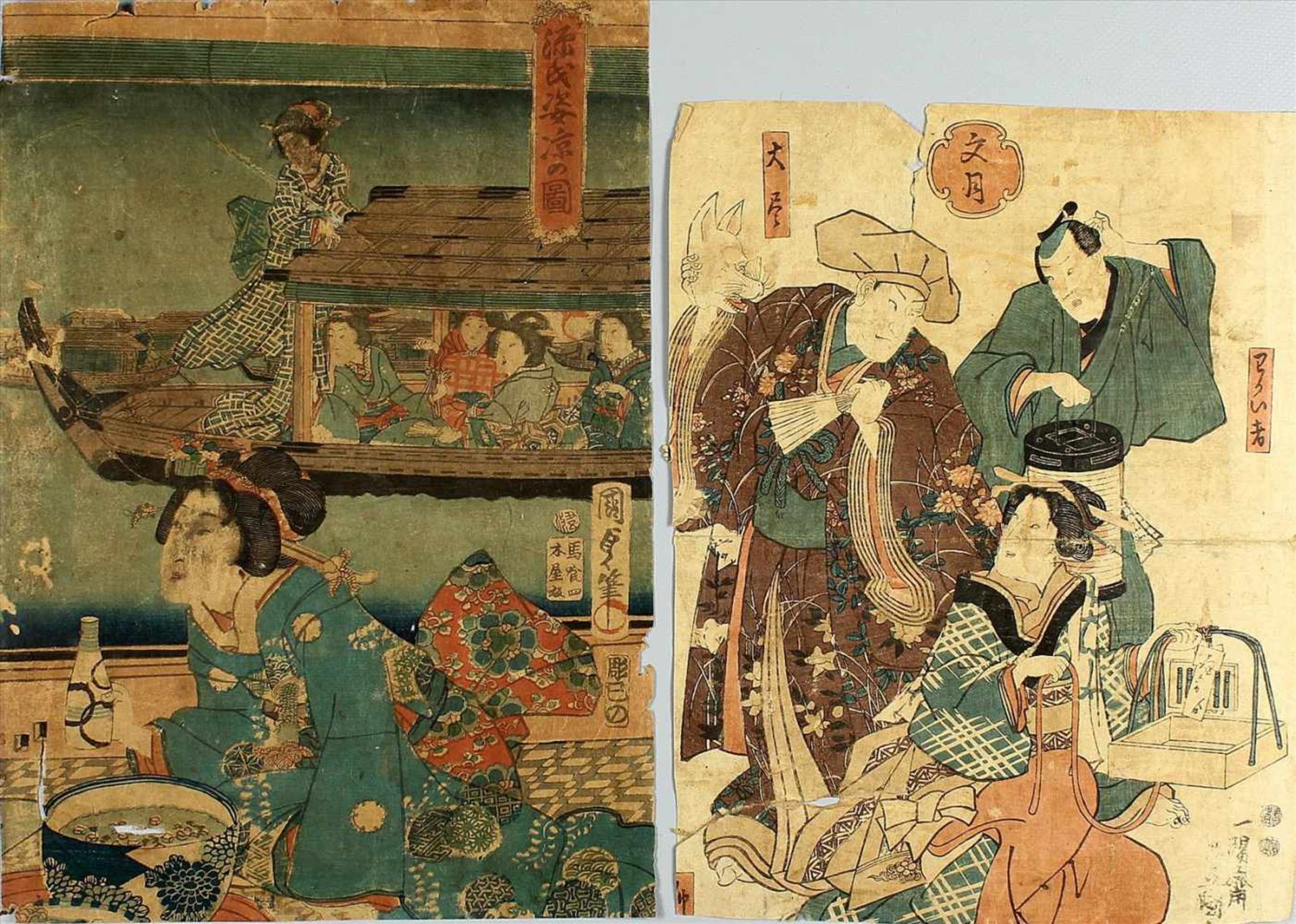 9 japanische Farbholzschnitte (18. Jh./19. Jh.)Verschiedene figürliche Darstellungen. Alle Blätter