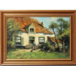 Unbekannter Maler (um 1900)Sommerliche Ansicht eines Bauernhauses, davor Bäuerin. Öl/Lwd. (