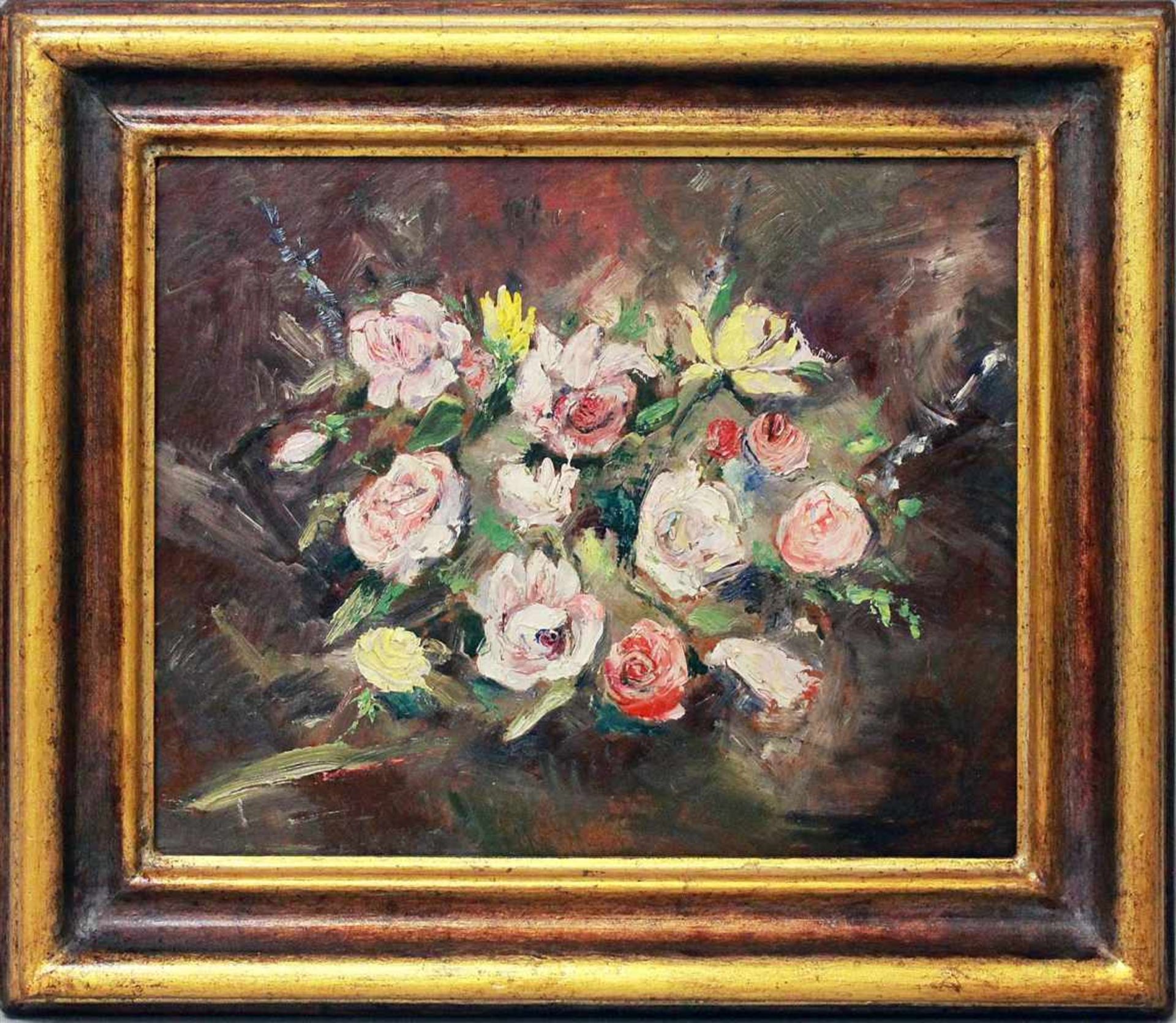 Unbekannter Maler (20. Jh.)"Rosen", so verso betitelt. Öl/Platte. 38x 46 cm. R.