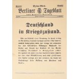 Berliner Tageblatt, Extrablatt "Deutschland im Kriegszustand".31. Juli 1914. Li. Einriss.