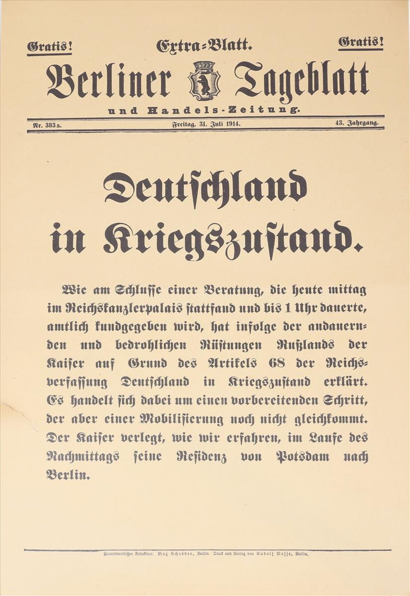 Berliner Tageblatt, Extrablatt "Deutschland im Kriegszustand".31. Juli 1914. Li. Einriss.