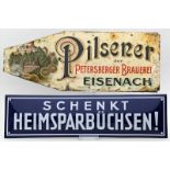 Emailleschild "SCHENKT HEIMSPARBÜCHSEN".Unwesentlich best. D. 12x 45 cm. Beigegeben: Farbig