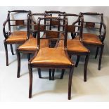 6 Stühle.Mahagoni. 2x mit Armlehnen. Braun gepolsterte Sitzzargen. Gebrauchsspuren. 20. Jh. H. 82