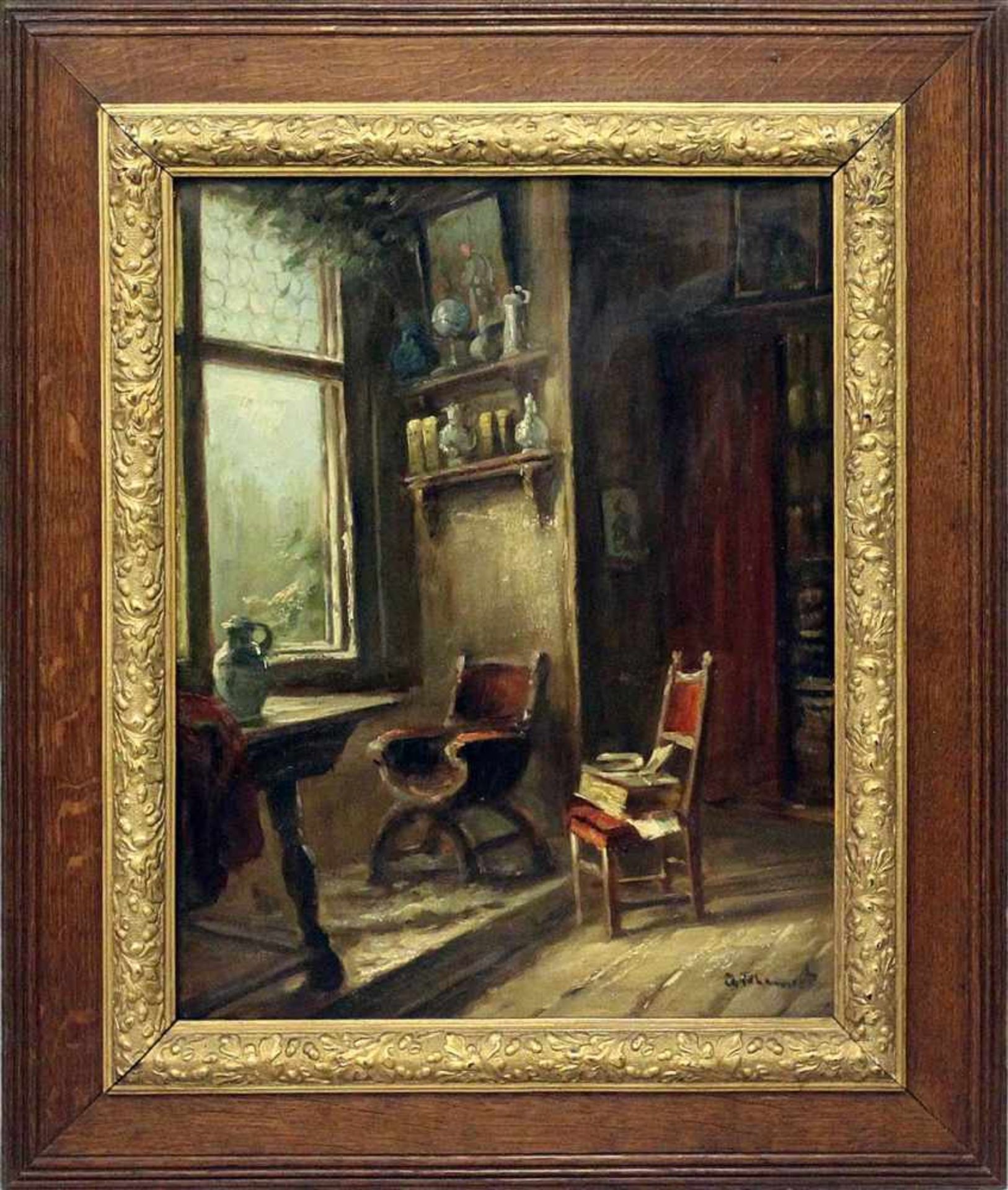 Unbekannter Maler (20. Jh.)Blick in eine Arbeitszimmer. Öl/Platte, re. u. undeutlich sign. 51x 40