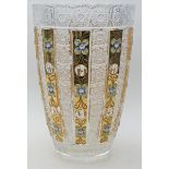 Große Vase.Farbloses Glas/Kristall, mit gelbem Streifendekor, darauf florale Verzierungen und