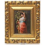Porzellanbildplatte.Bunt gemalte Darstellung eines Mädchens mit Sonnenblume. D. 18x 13 cm.