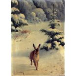 Bauer, K. A. (1. Hälfte 20. Jh.)Hase in verschneiter Winterlandschaft. Öl/Lwd. (ohne Keilrahmen,