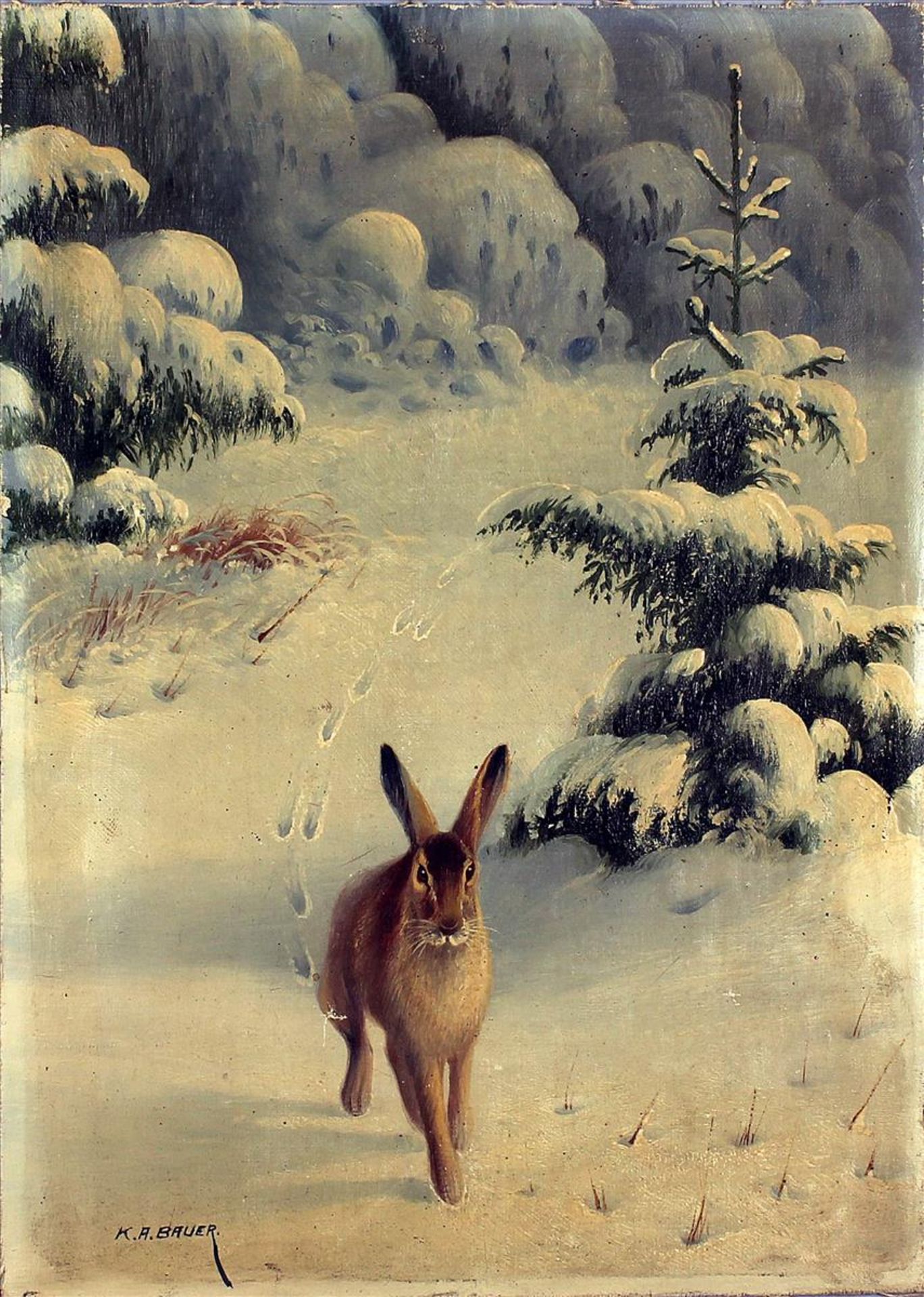 Bauer, K. A. (1. Hälfte 20. Jh.)Hase in verschneiter Winterlandschaft. Öl/Lwd. (ohne Keilrahmen,