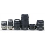 6 Objektive:"CANON 28-105mm", "CANON 75-300mm", "CANON 18-55mm", "T2,8/50 aus JENA DDR", "VOIGTÄNDER