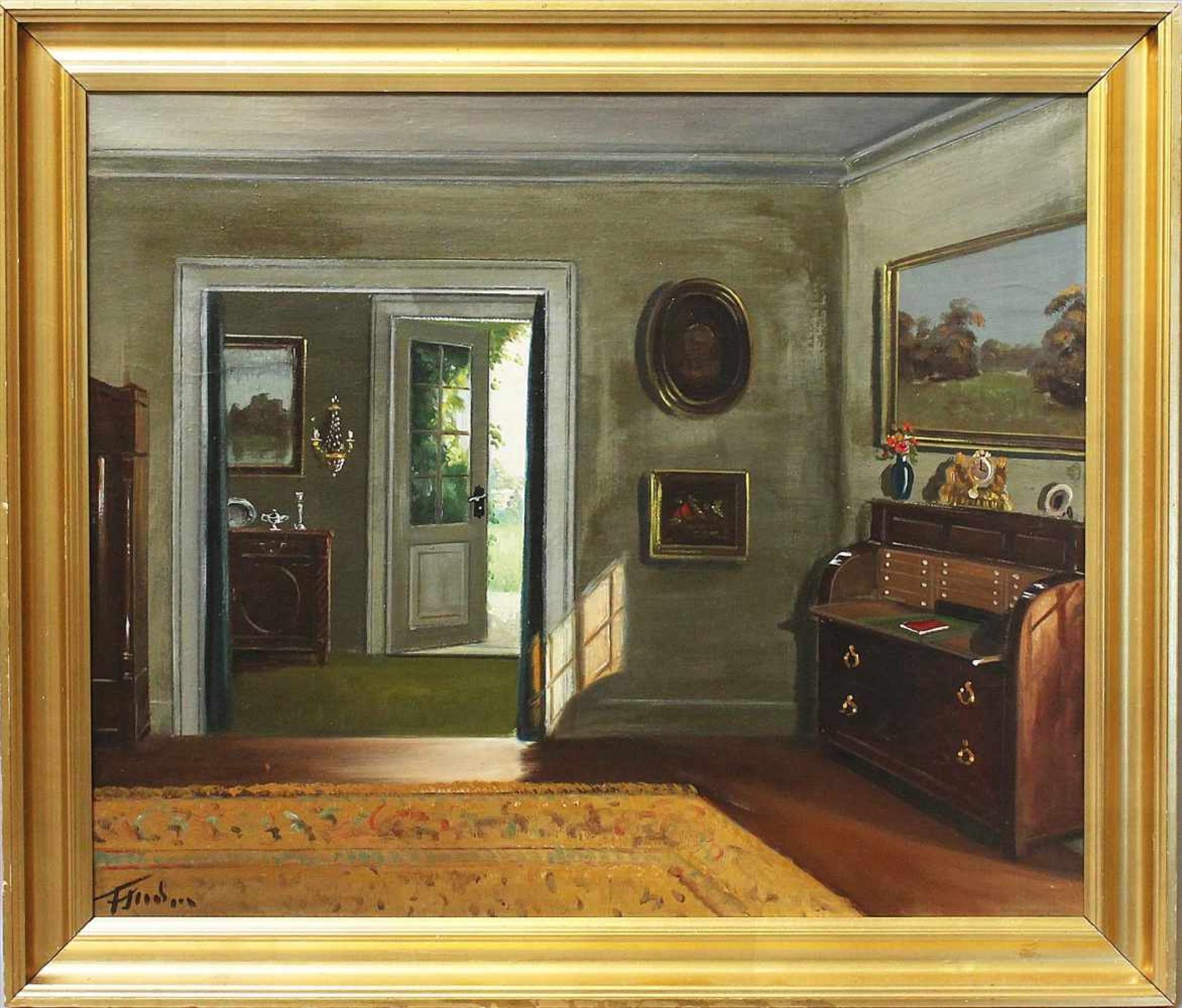 Unbekannter Maler (20. Jh.)Elegantes Interieur. Öl/Lwd., li. u. undeutlich sign. 49x 60 cm. R.