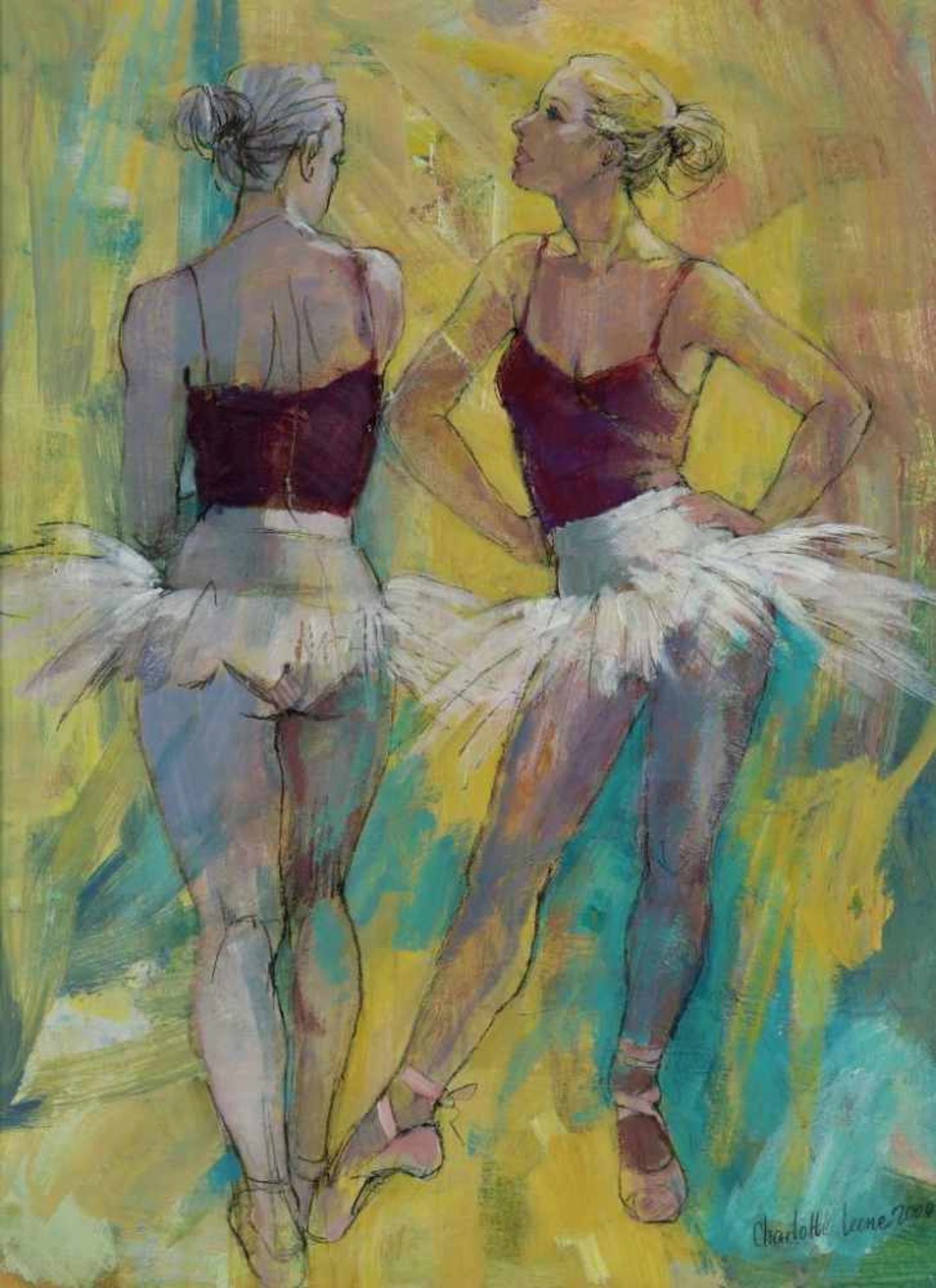 LEENE, CHARLOTTE, ges. en gedat. 2004 r.o., Balletdanseressen, board 70 x 52 cm.