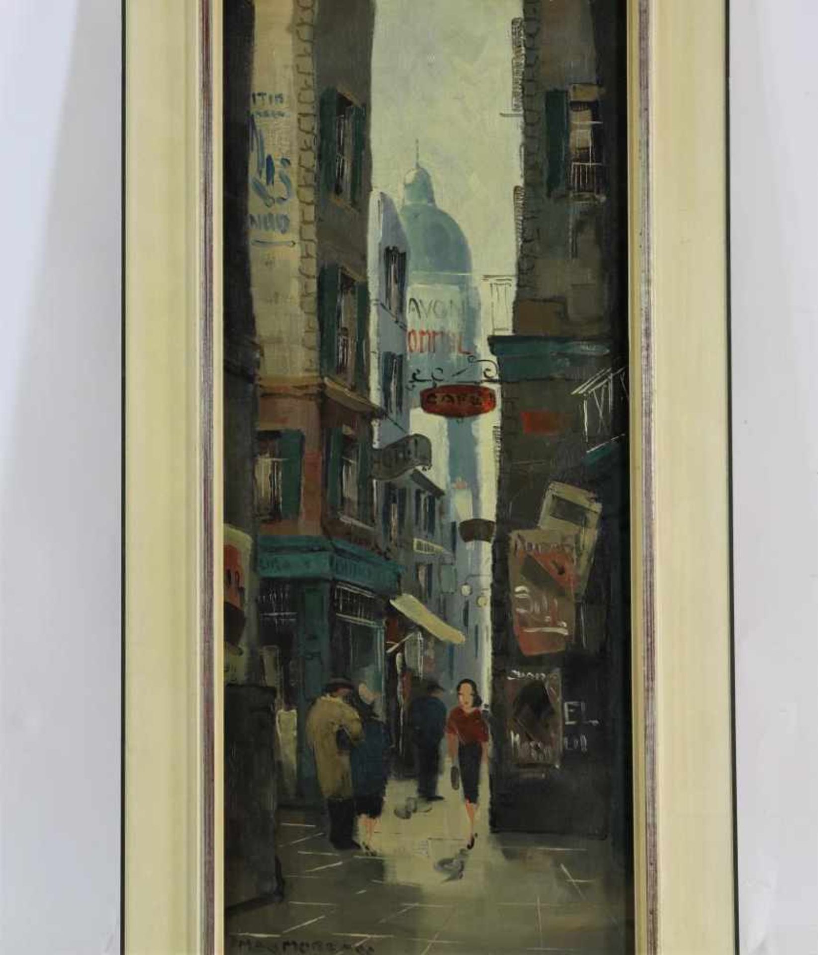 MOREAU, MAX (1902-1992), signed ll, figures in a street, oil on canvas 71 x 31 cm.
