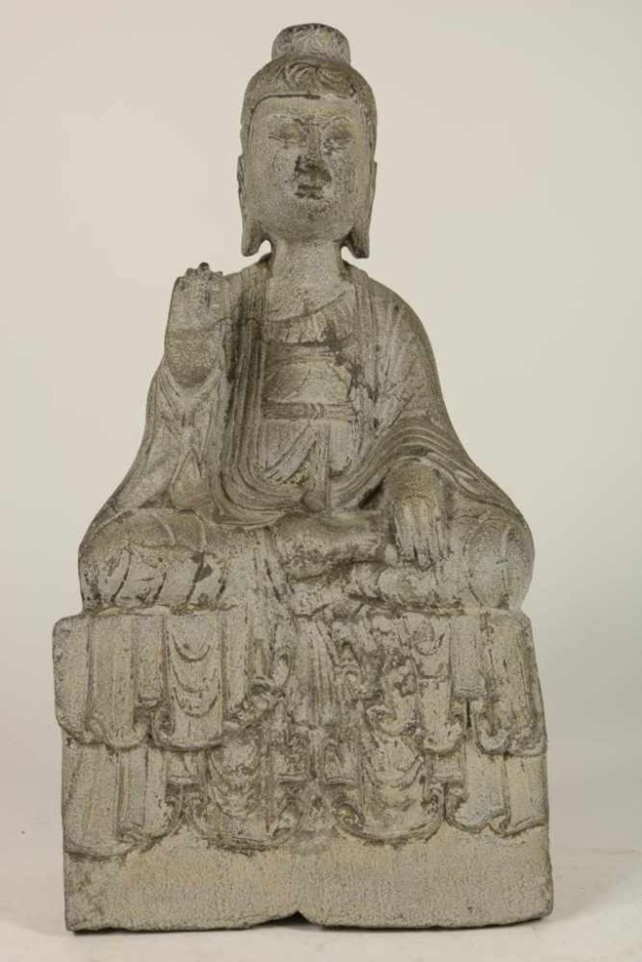 Stone sculpture of Boeddha, back side with Chinese text, China 20 th century, h. 42 cm.