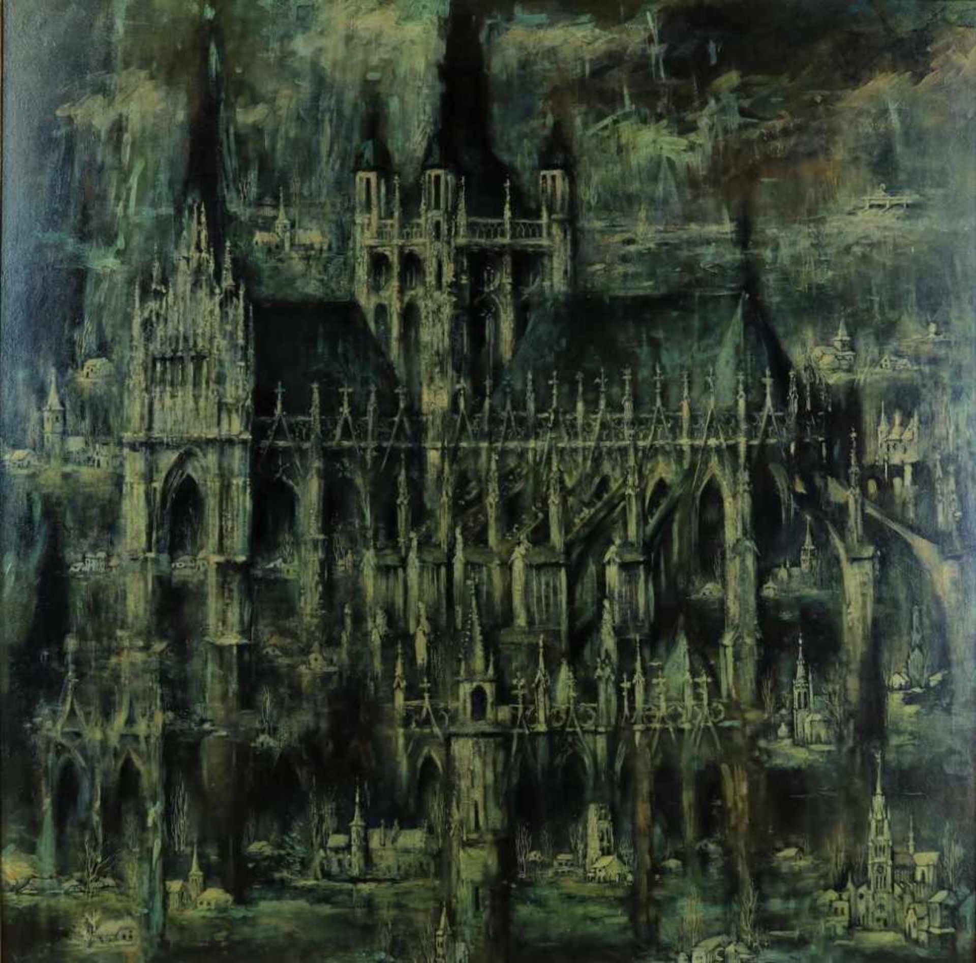 Rosmalen, Hakkie van, signed, cathedral and churches, board 120 x 120 cm.