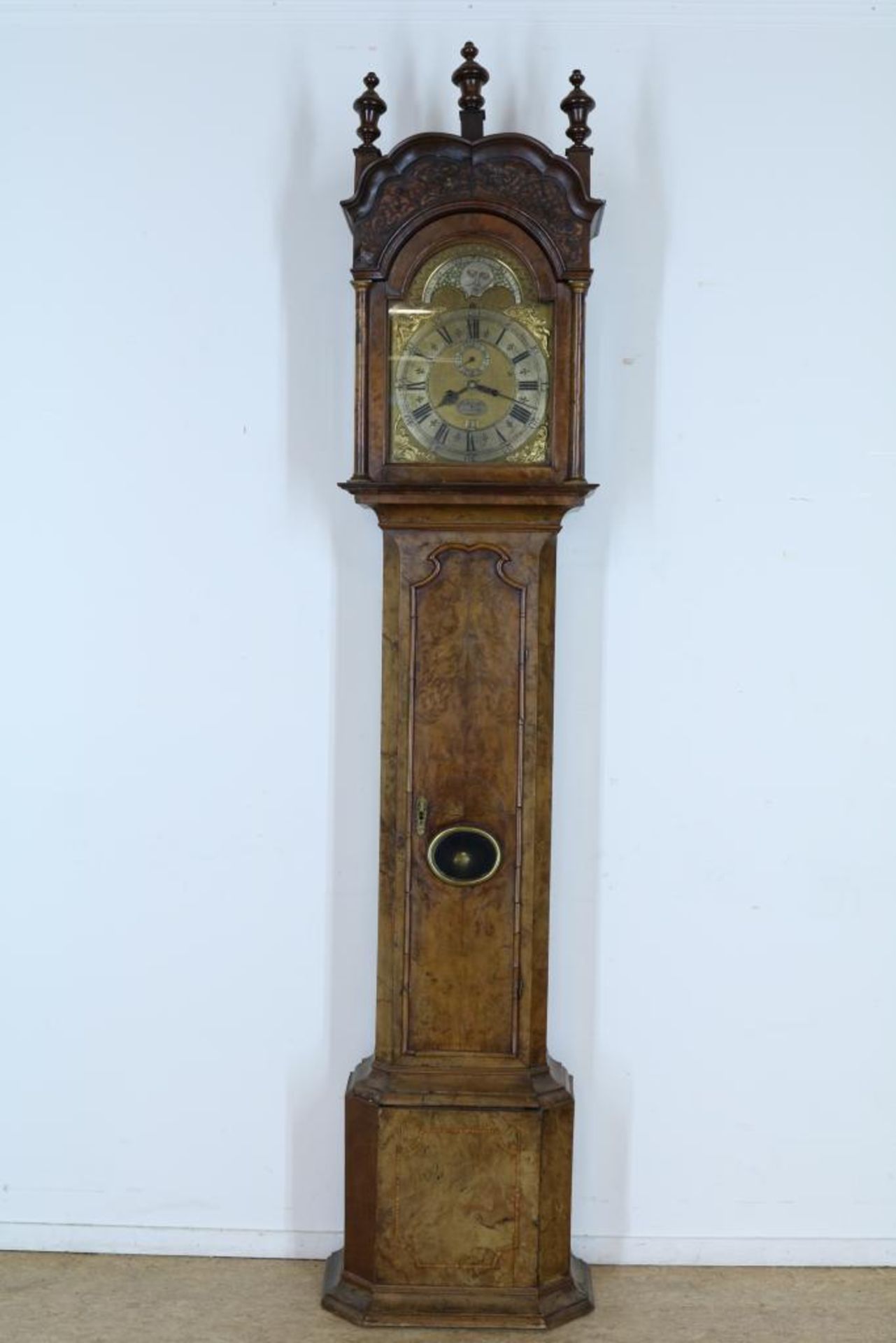 A mid 18th century walnut longcase clock, Robert Crucifix, London, h. 240 cm.