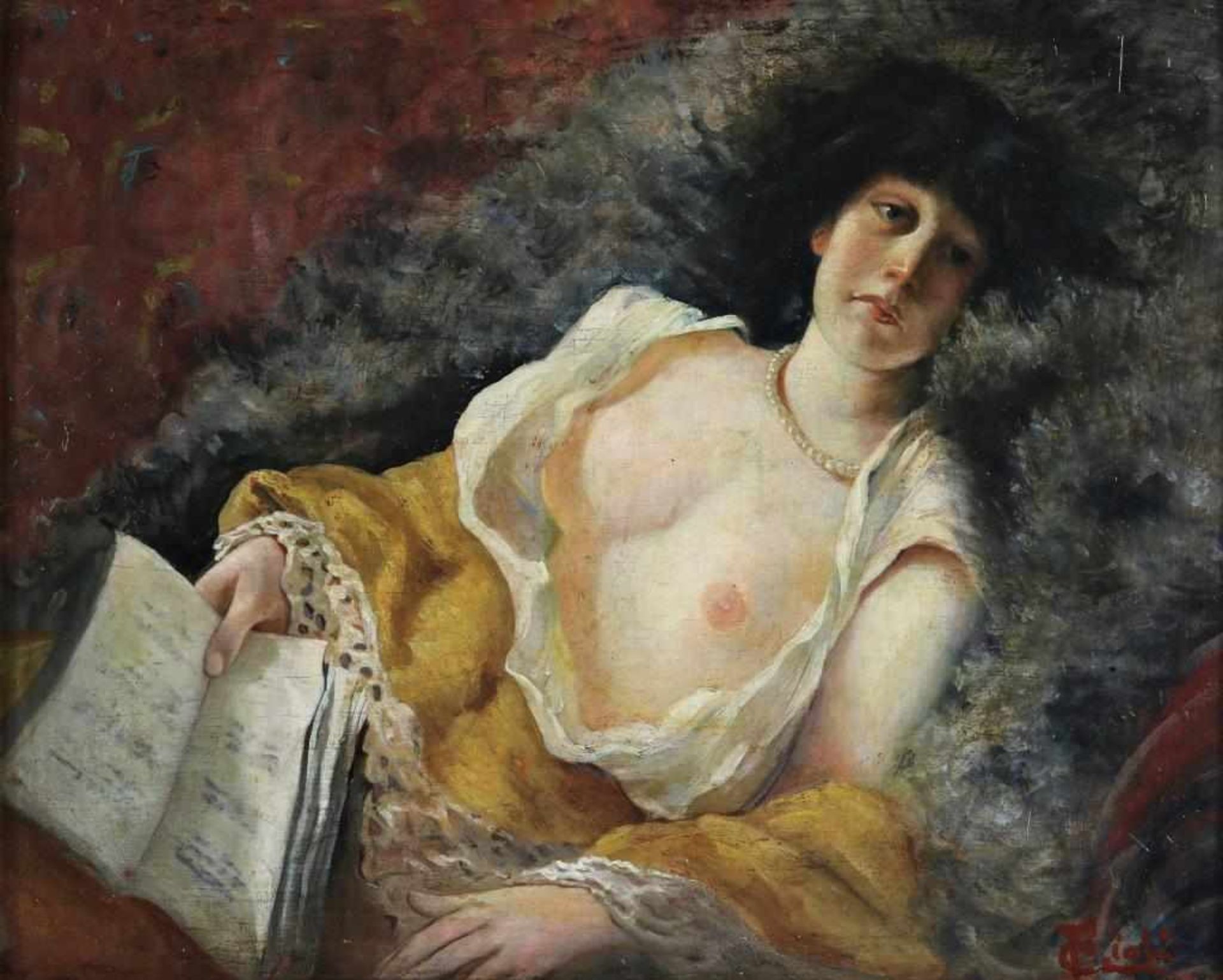 Unknown, unclear signed l.r., woman on sofa with book and bare bosom, oil on panel 41 x 51 cm.