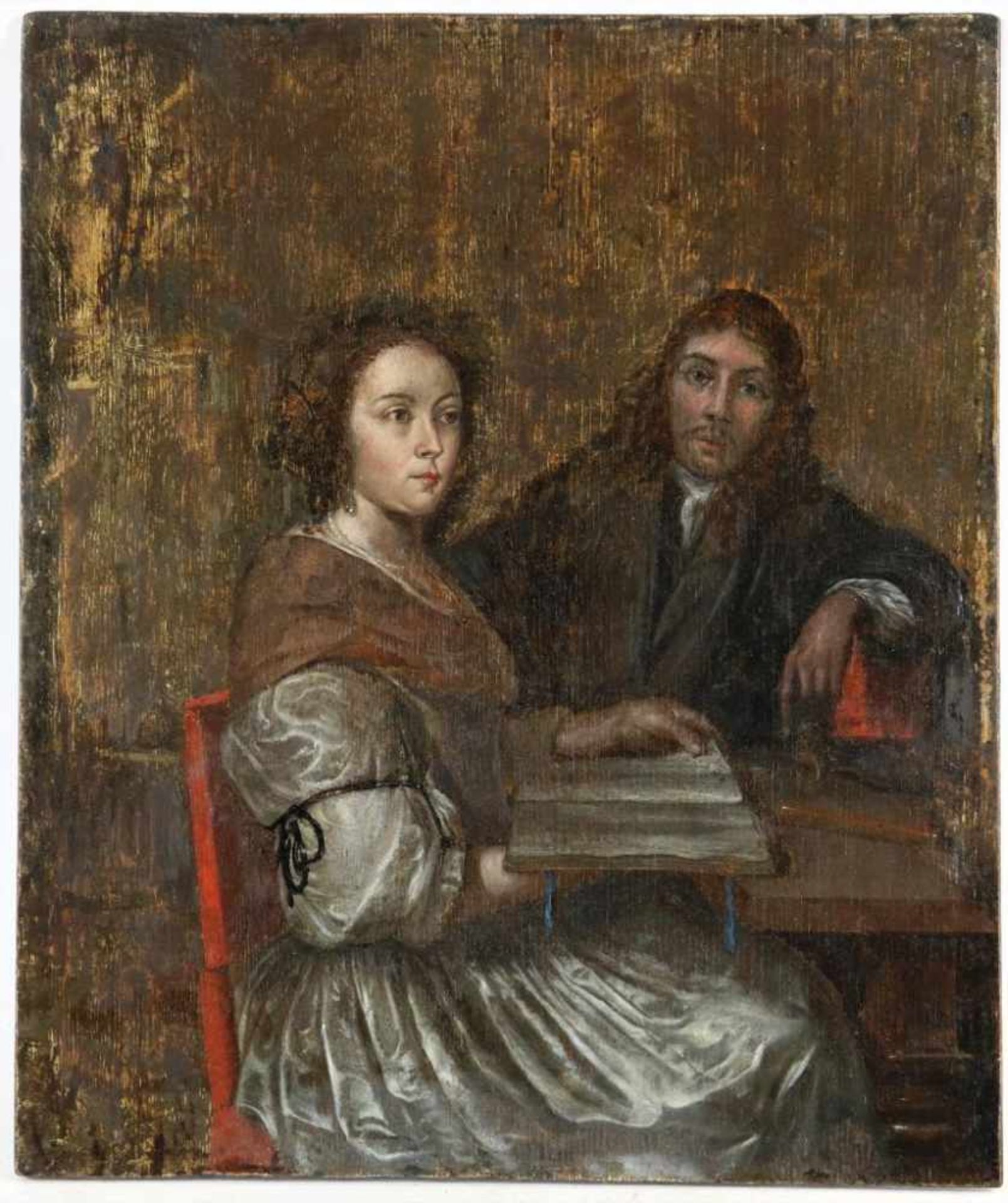 Unknown, unsigned 17th century, man and woman at the table, oil on panel 37 x 31 cm.