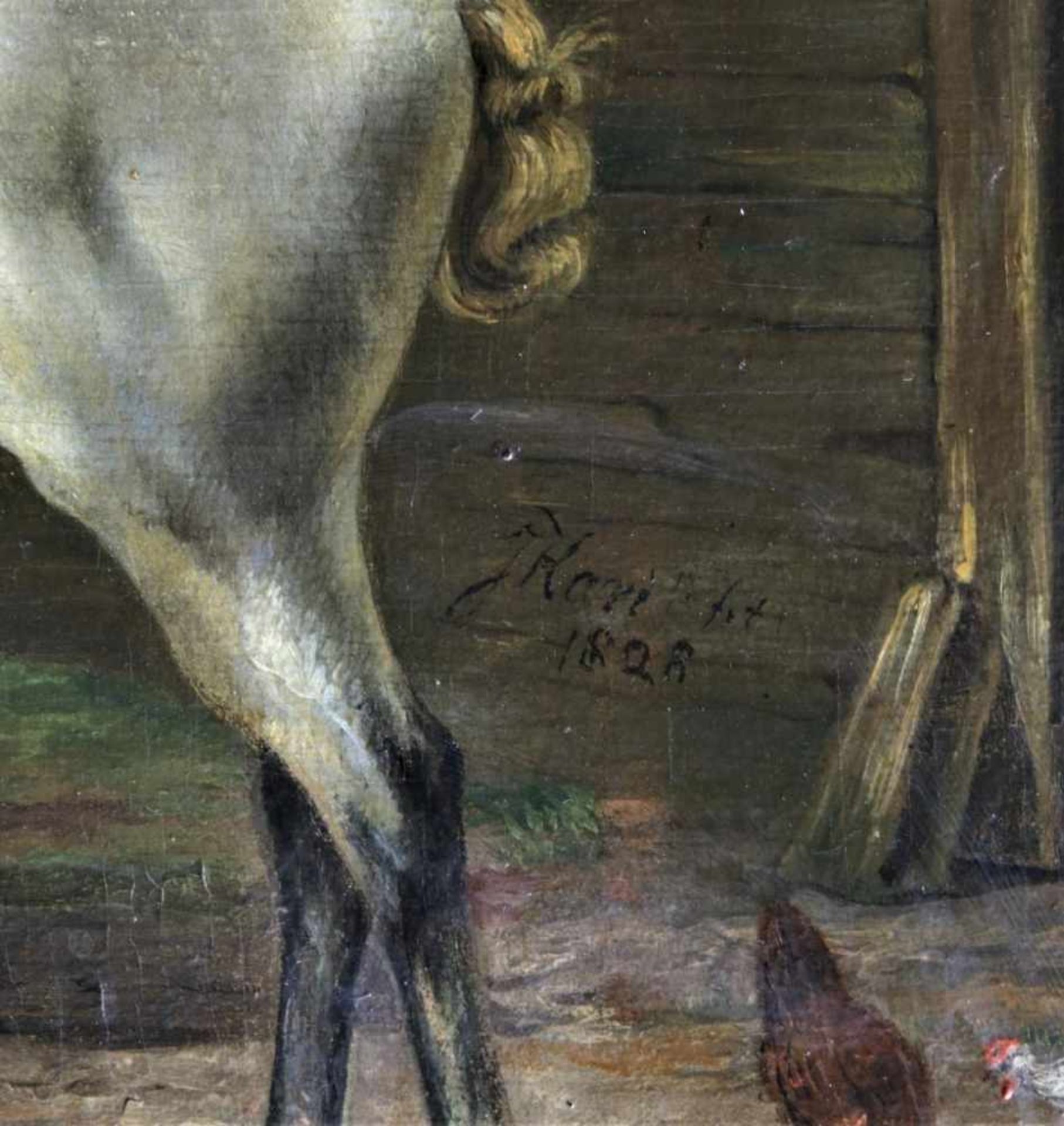 Hare, J. ges. en gedat. 1828 r.o., diligence met paarden, paneel 46 x 54 cm. - Bild 2 aus 4