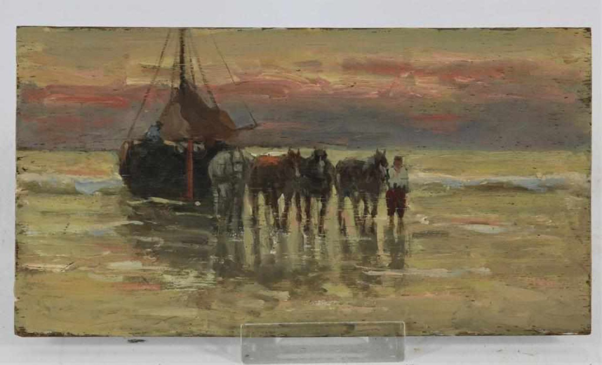 Onbekend, onges. visser met paarden en boot voor aan de kust, paneel 11 x 21 cm. - Bild 2 aus 3