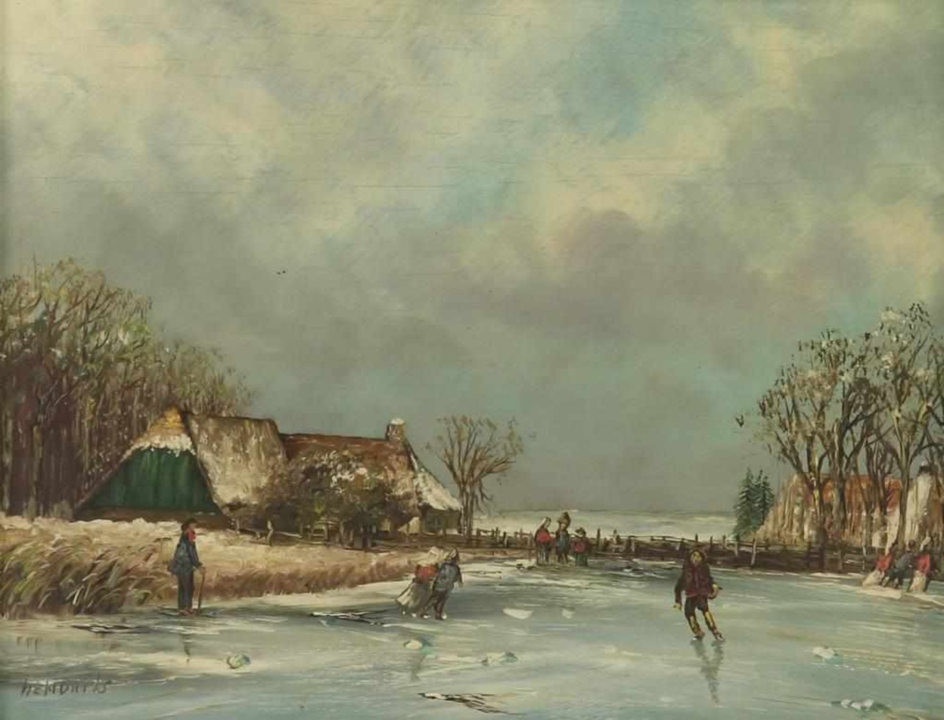 Hendriks, met sign. l.o. winterlandschap, paneel 17 x 23 cm.