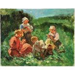 Onbekend, onduid. ges. r.o., kinderen met geitjes in de wei, board 29 x 37 cm.