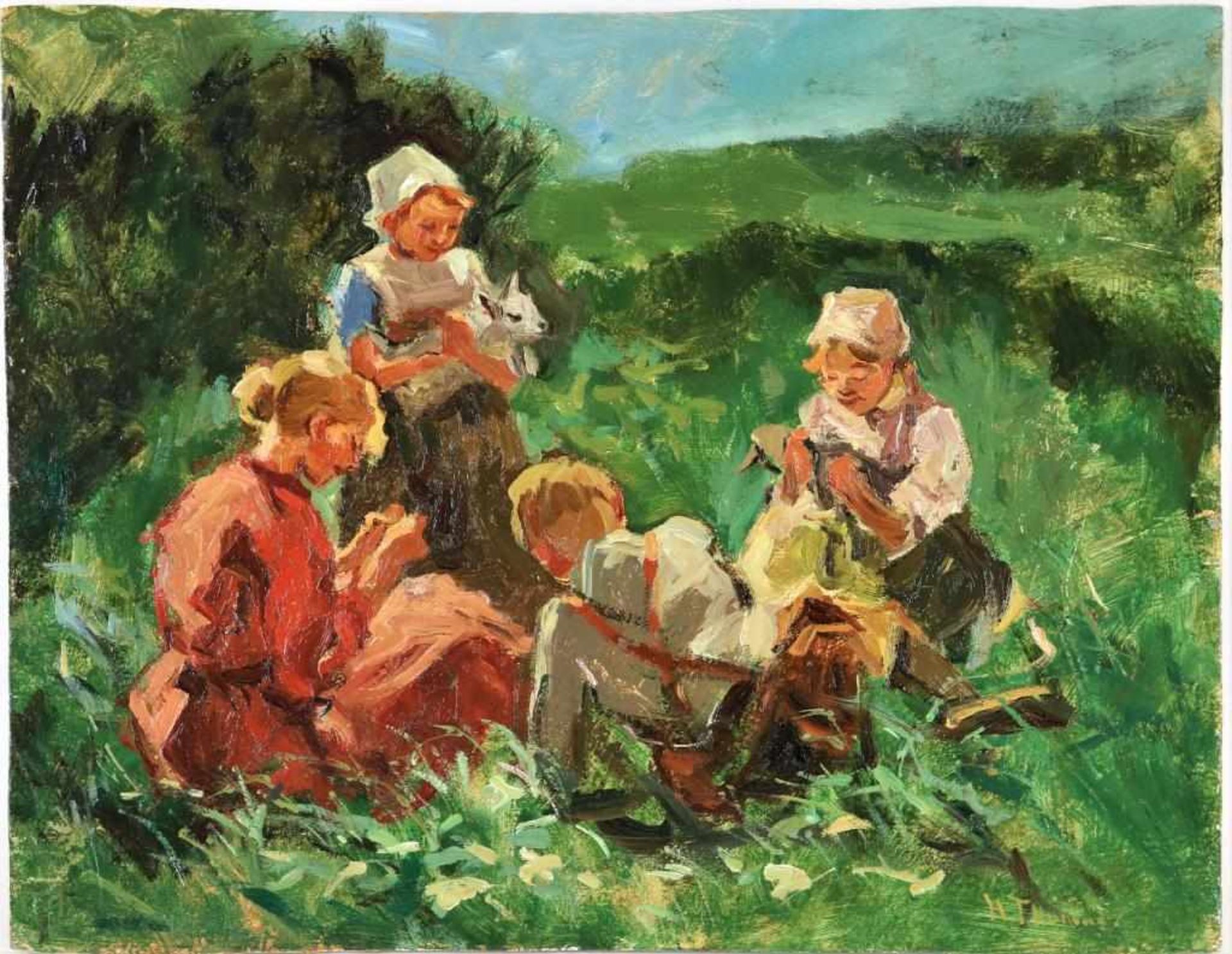 Onbekend, onduid. ges. r.o., kinderen met geitjes in de wei, board 29 x 37 cm.