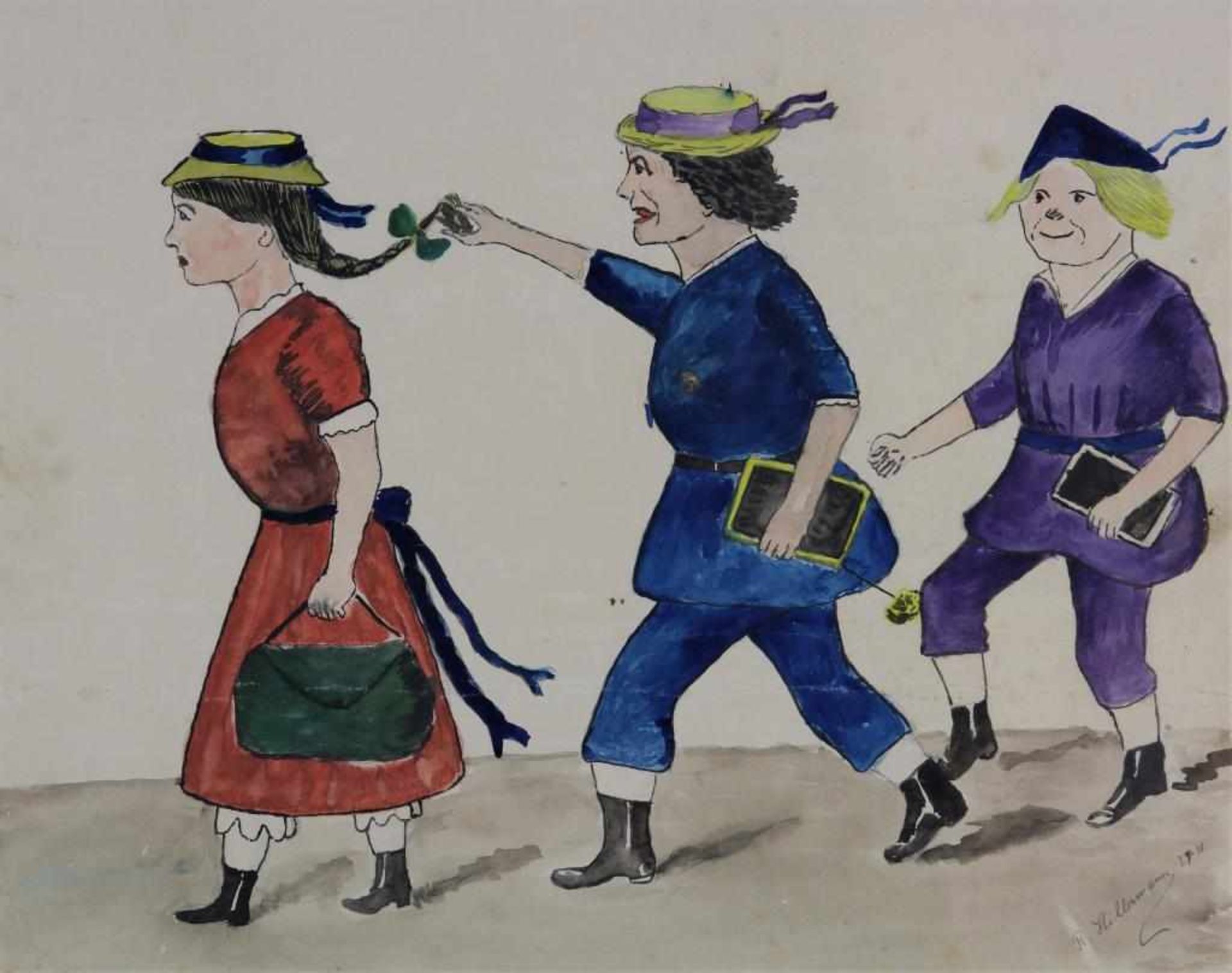 Hillerman, R., signed, teasing girls, watercolor 41 x 52 cm.