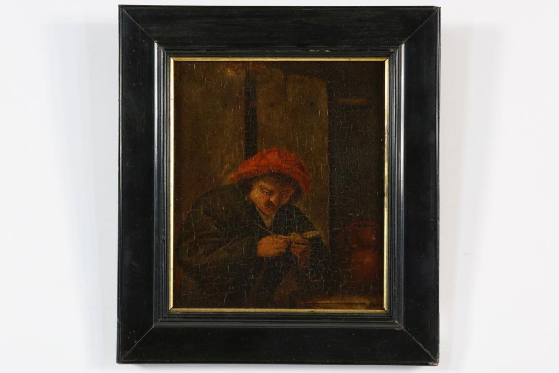 Onbekend, gemono. en gedat. 1800 achterzijde pijprokende man, paneel 18 x 15 cm. - Bild 2 aus 3