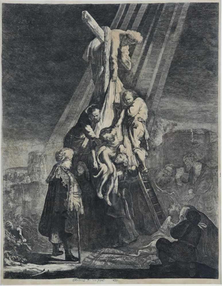 REMBRANDT, naar, Johan Jacob Hertel, in de eerste staat De kruisafname, ets 52 x 40 cm.