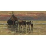 Onbekend, onges. visser met paarden en boot voor aan de kust, paneel 11 x 21 cm.