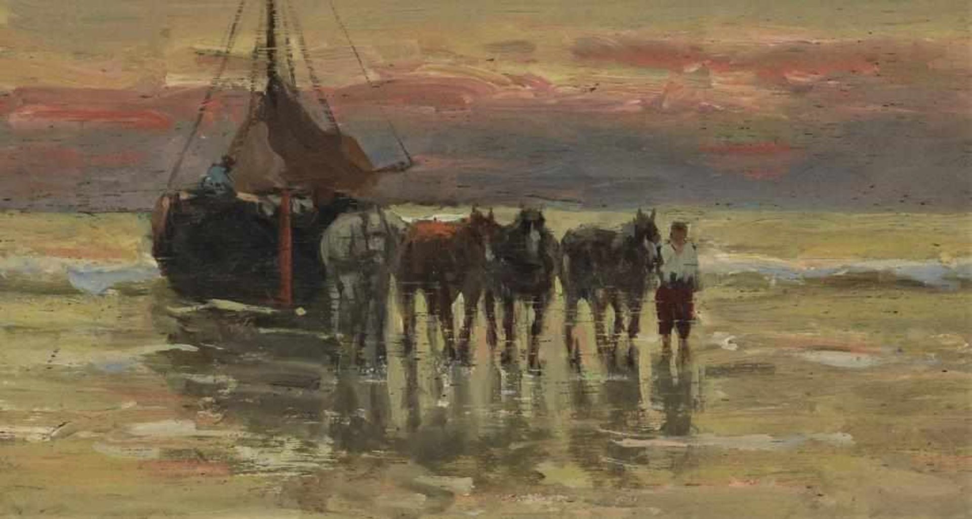 Onbekend, onges. visser met paarden en boot voor aan de kust, paneel 11 x 21 cm.