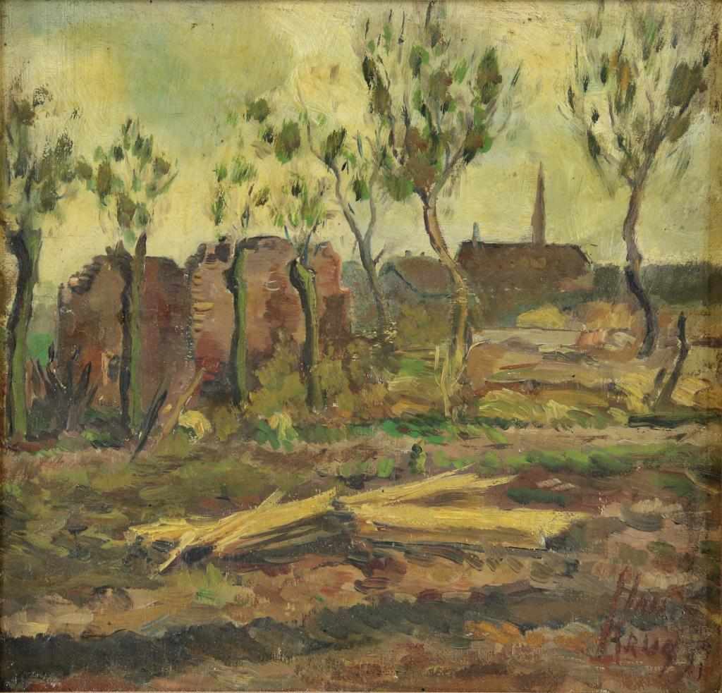 KRUG JOHANNES (1890-1977), ges. r.o. landschap met ruïne, board 22 x 22 cm.<