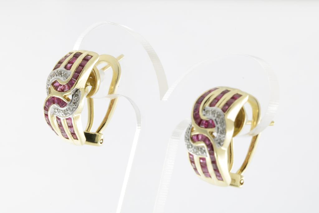 A pair of bicolor gold earrings with ruby and diamonds w. 9gr. 585/000 - Image 2 of 3