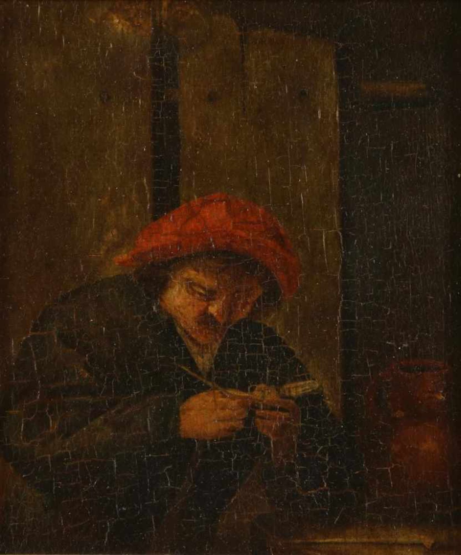 Onbekend, gemono. en gedat. 1800 achterzijde pijprokende man, paneel 18 x 15 cm.