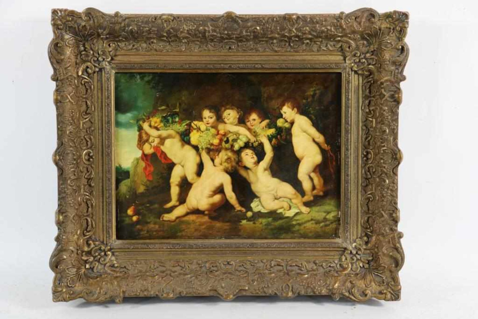 Onbekend, onduid. ges. r.o., putti met fruit (naar Rubens), paneel 30 x 41 cm. - Bild 2 aus 3