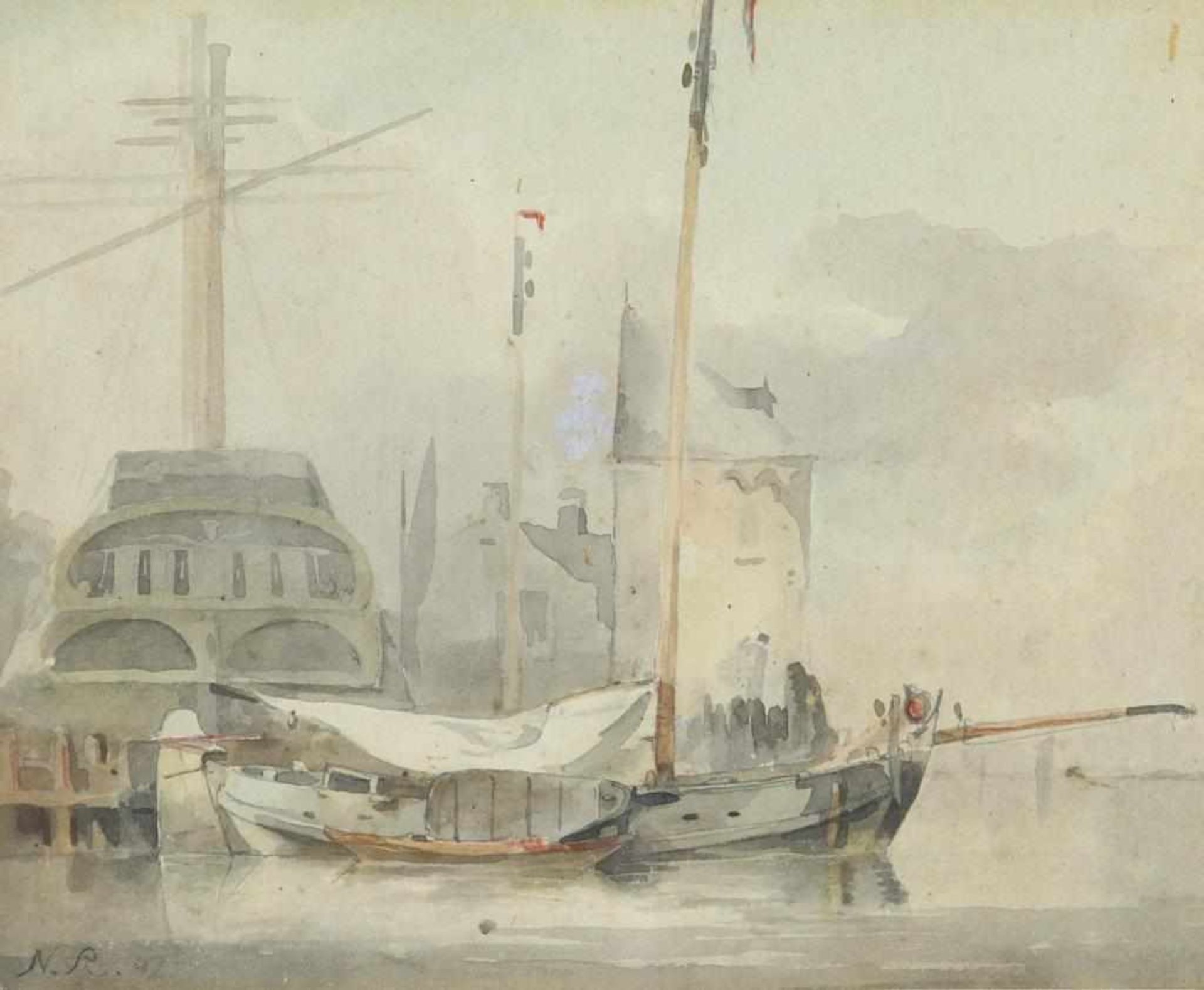 RIEGEN NICOLAAS (1827-1889), gemon. N.R. en gedat. 47 l.o., havengezicht, aquarel 15 x 18 cm.