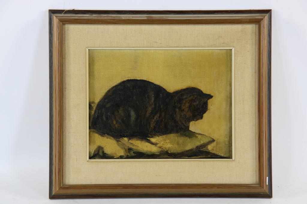 Onbekend, onges. liggende kat, doek 26 x 33 cm. - Image 2 of 3